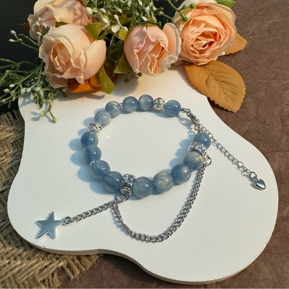 Sky Blue Bead Bracelet with Star and Chain - Picture 3 of 5